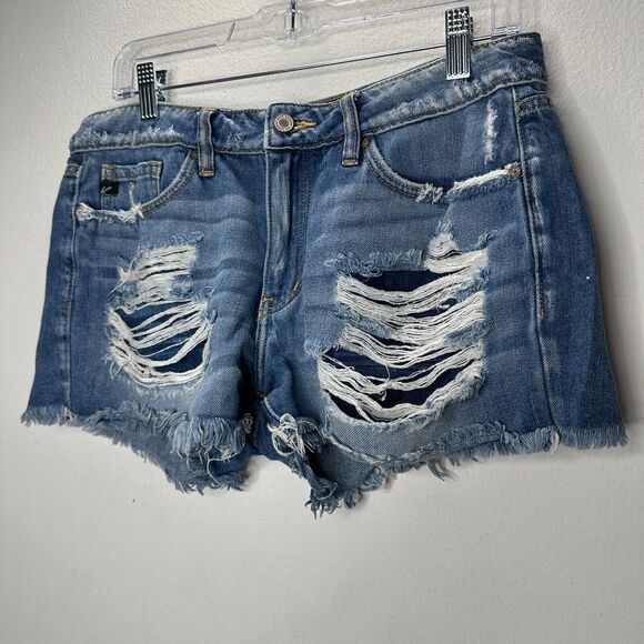 Kancan Medium Blue Wash Mid-Rise Distressed Raw Hem Denim Jean Shorts 28 - Picture 5 of 15